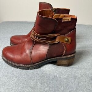 Pikolinos Burgundy Leather Suede Fringe Ankle Boots‎ Women Size 39